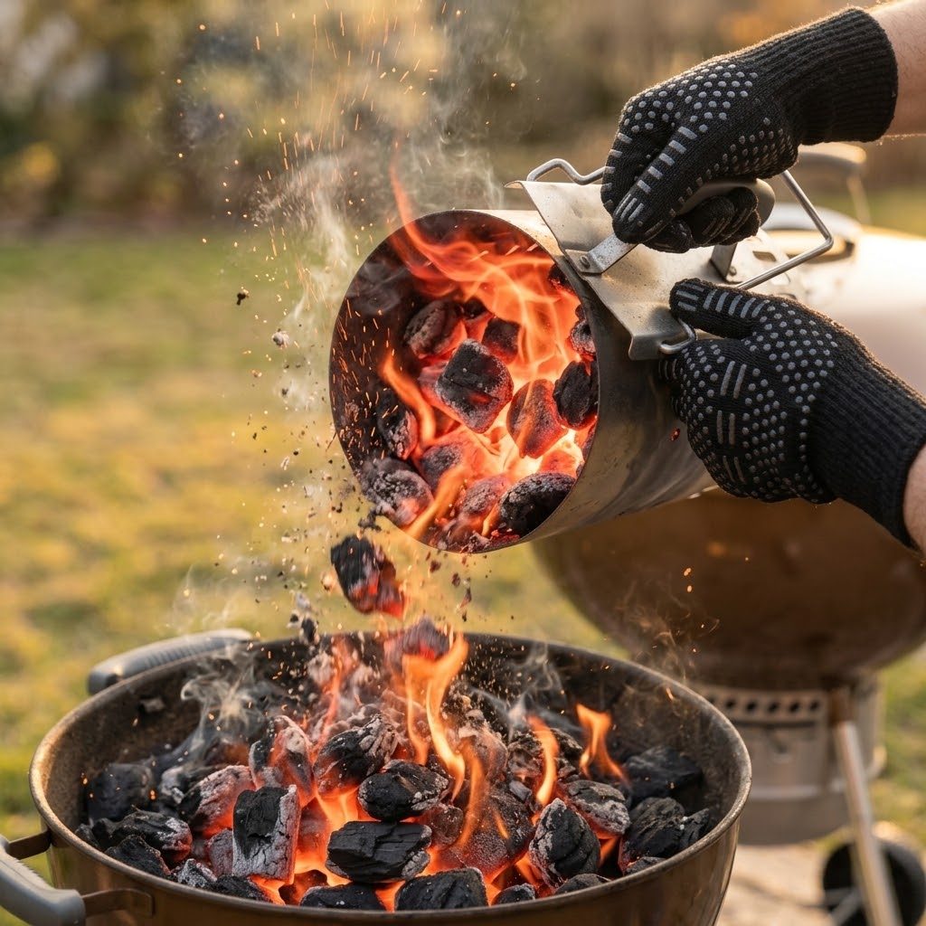 Heat-resistant BBQ gloves pouring red-hot coals from a charcoal chimney into a kettle grill