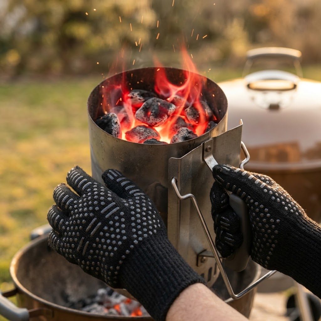 Close-up of silicone grip on heat-resistant BBQ gloves holding a hot charcoal chimney