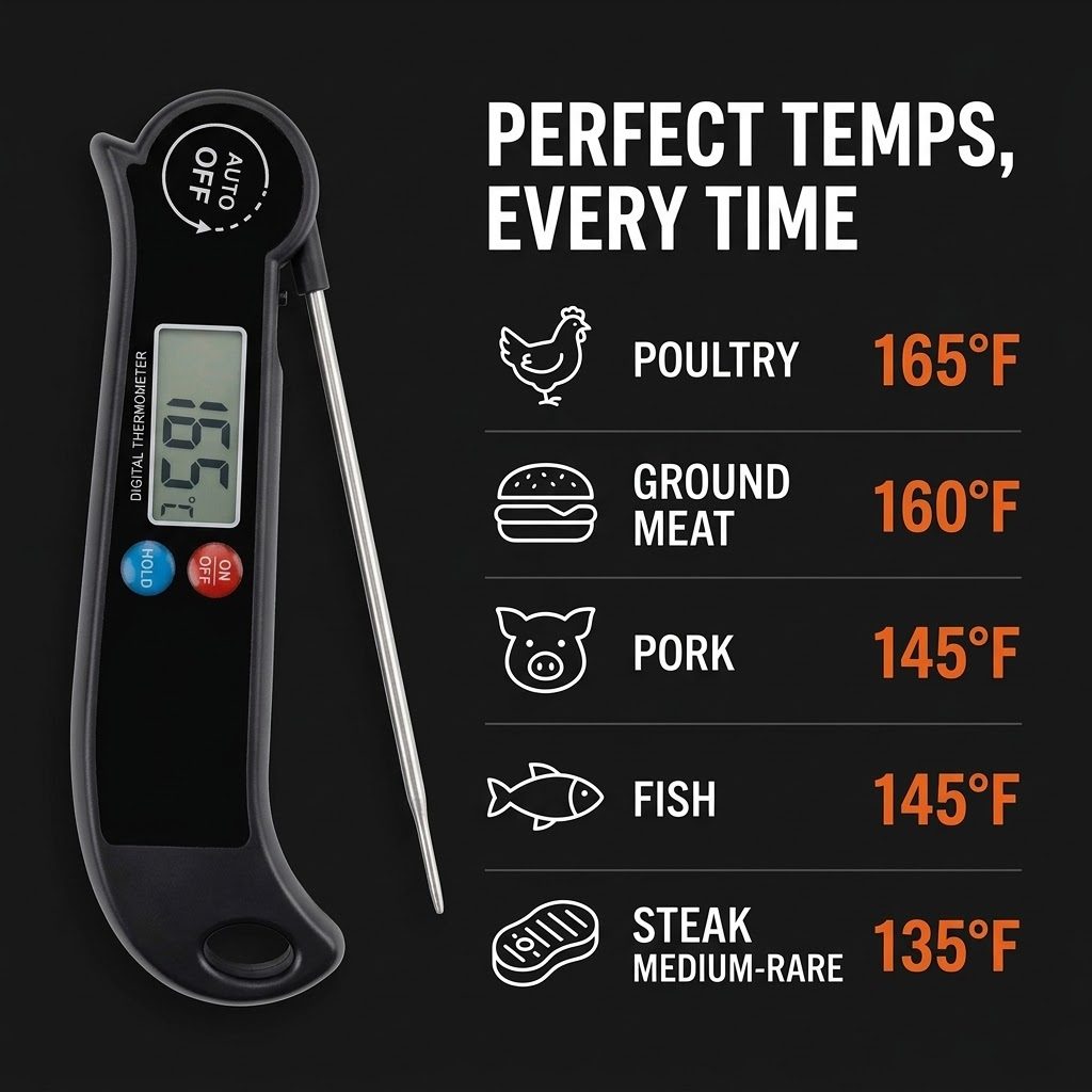 Meat temperature guide: poultry 165°F, ground meat 160°F, pork 145°F, fish 145°F, medium-rare steak 135°F