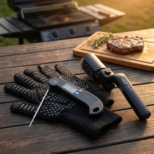 Grill Master Kit: electric grill brush, heat-resistant BBQ gloves and instant-read meat thermometer