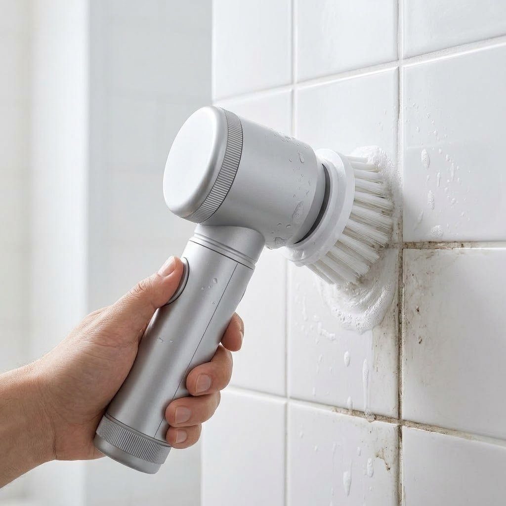 PowerScrub electric spin brush cleaning dirty shower tile grout