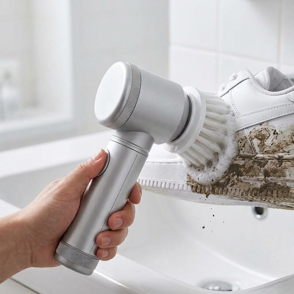PowerScrub electric spin brush cleaning a muddy white sneaker sole