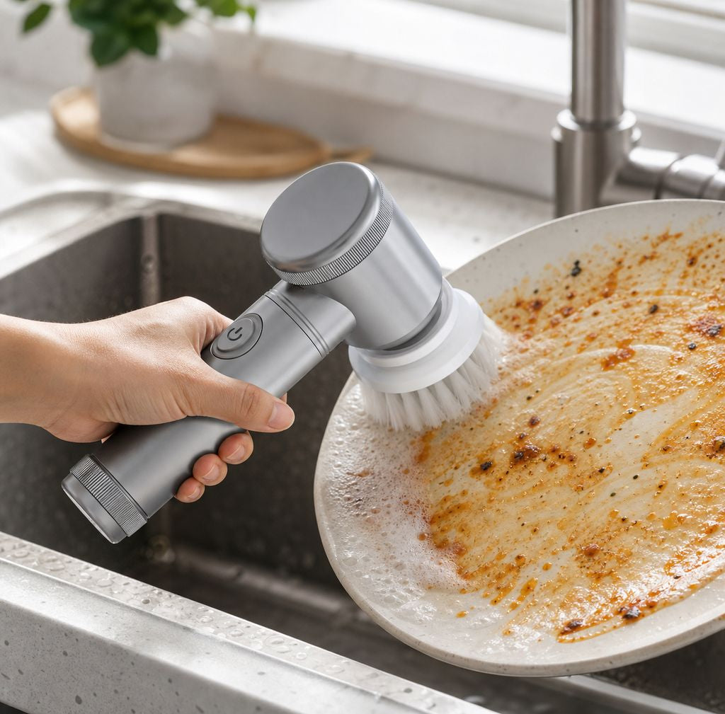 PowerScrub electric spin brush scrubbing baked-on grease off a dirty plate in the sink