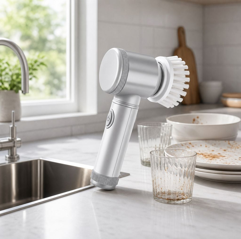 PowerScrub cordless electric cleaning brush on a kitchen counter next to the sink