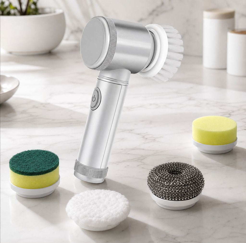 PowerScrub rechargeable spin scrubber standing on a marble kitchen counter