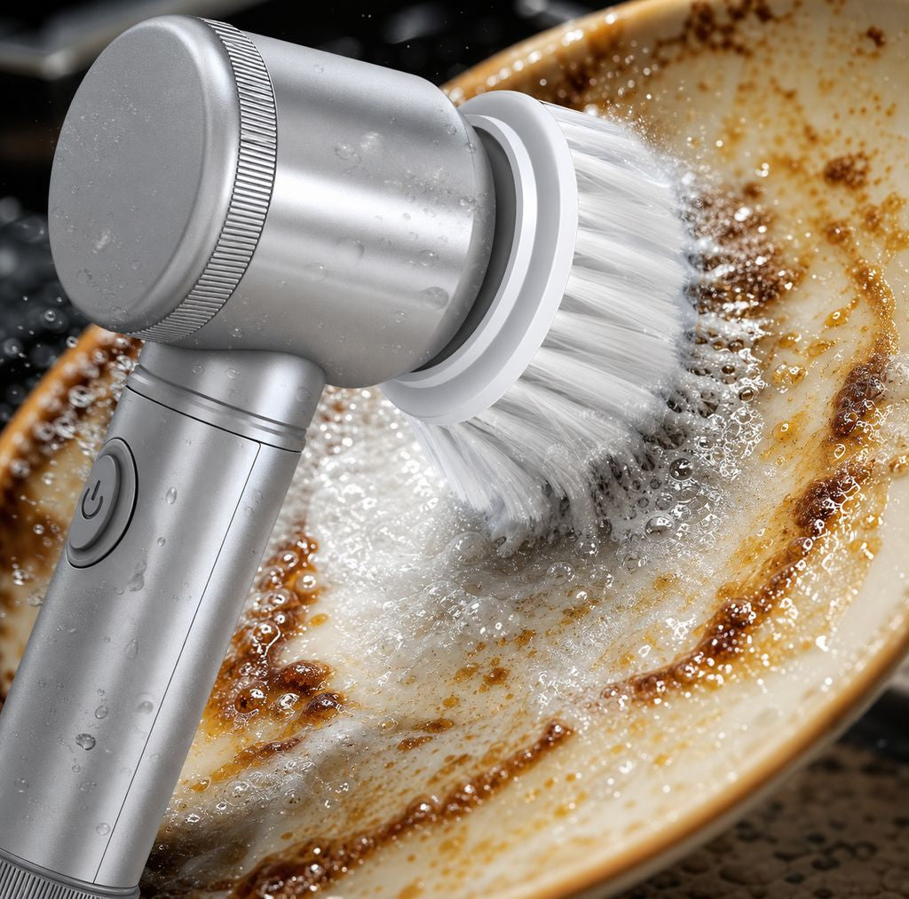 Close-up of PowerScrub bristles lifting burnt residue off a plate