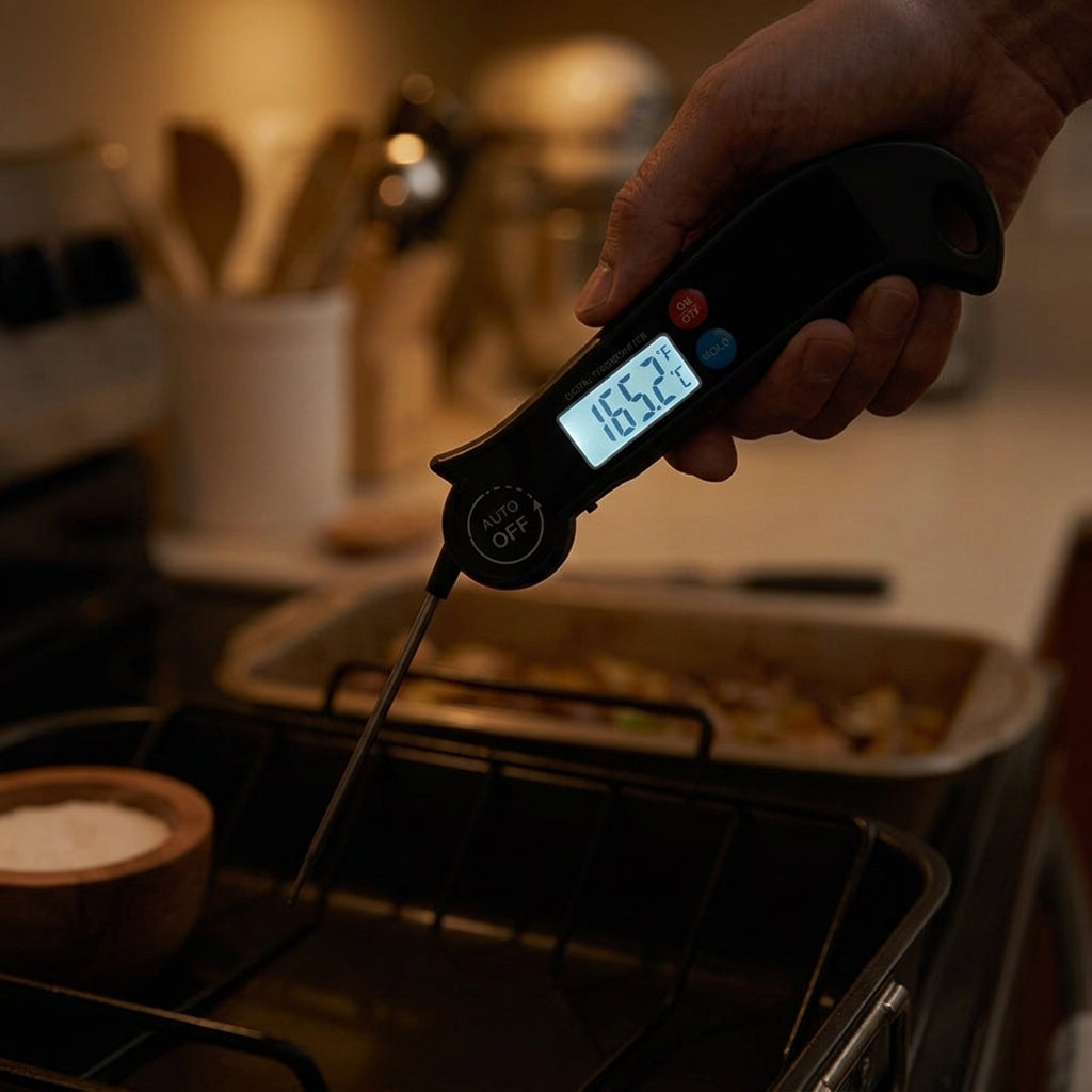 Instant-read meat thermometer measuring internal cooking temperature